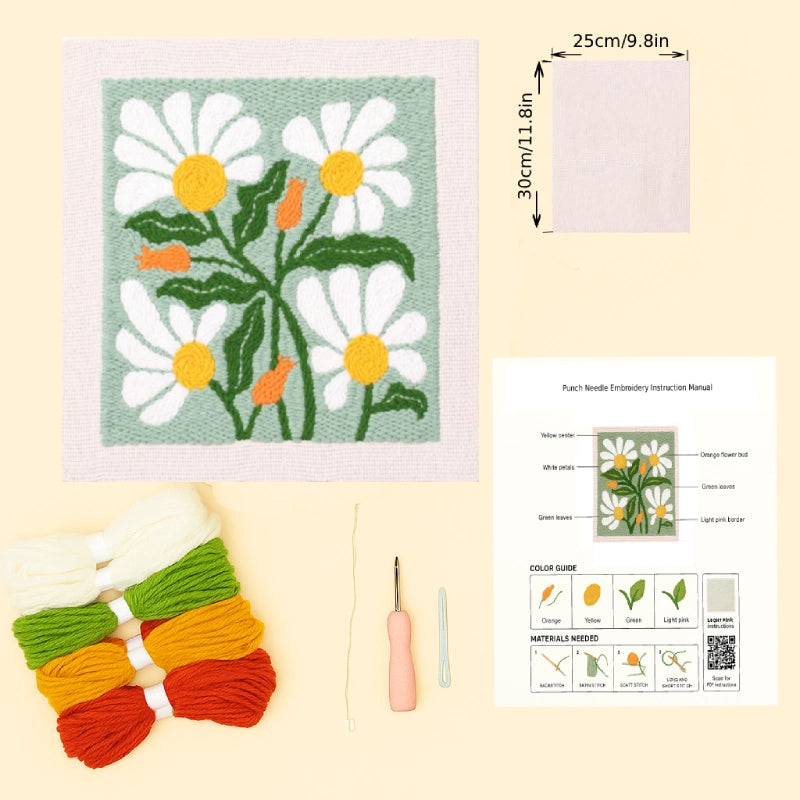 Floral needlepoint kit with yarn, needle, and measurements on a beige background