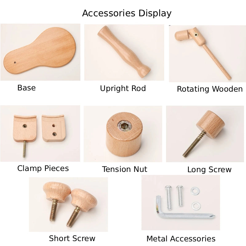 Display of various wooden accessories including base, upright rod, rotating wooden component, clamp pieces, tension nut, long screw, short screw, and metal accessories on a white background.