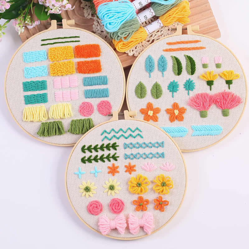 This set features a Beginner Punch Needle Bundle, including three round embroidery practice hoops — each designed to help beginners explore different punch needle stitches and textures in a fun and colourful way.