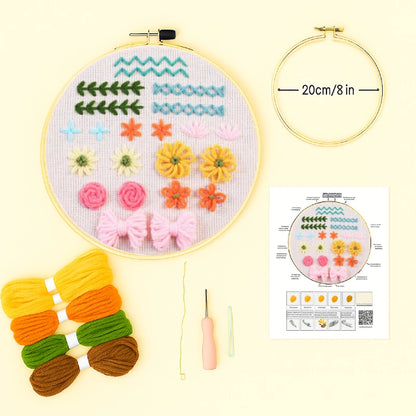 Illustrated stitch guide sheet with full step-by-step instructions
Complete thread bundle
A square of cotton fabric featuring the pattern
1 embroidery hoop(20 cm diameter)
Punch needle: A special needle with a hollow shaft and a tip that can accommodate embroidery floss or yarn.