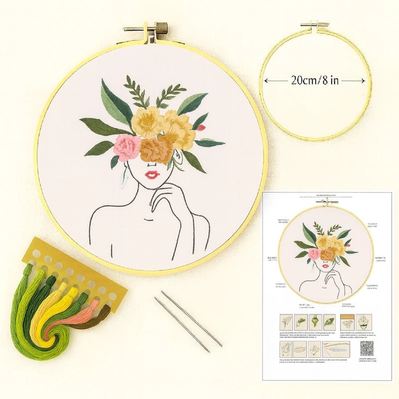 Illustrated stitch guide sheet with full step-by-step video tutorials
Complete thread bundle
A square of cotton fabric featuring the pattern
1 Plastic embroidery hoop(20 cm diameter)
2 Embroidery needles