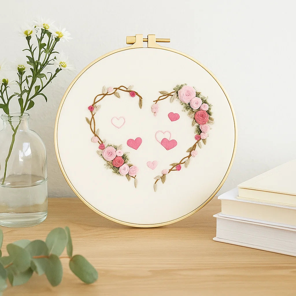 Embroidery hoop with floral heart design on a wooden surface with books and a vase.