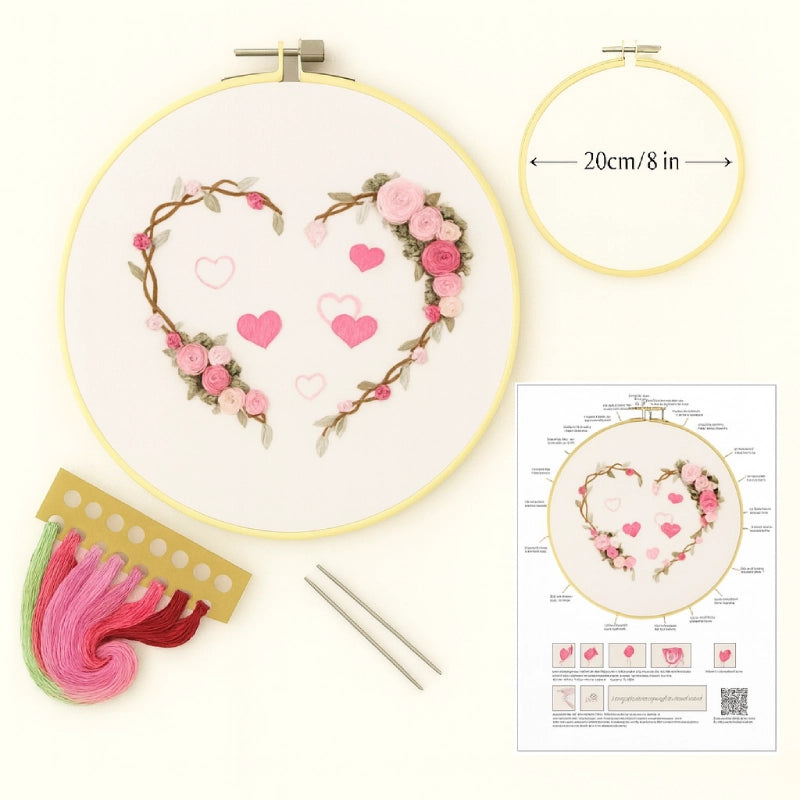 Illustrated stitch guide sheet with full step-by-step instructions
Complete thread bundle
A square of cotton fabric featuring the pattern
1 Plastic embroidery hoop(20 cm diameter)
2 Embroidery needles