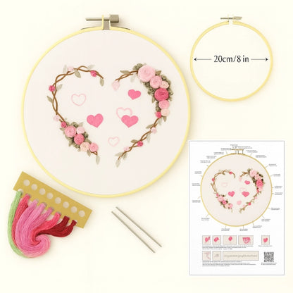 Illustrated stitch guide sheet with full step-by-step instructions
Complete thread bundle
A square of cotton fabric featuring the pattern
1 Plastic embroidery hoop(20 cm diameter)
2 Embroidery needles