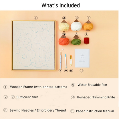 Set of items including a wooden frame, yarn, pen, and knife on a beige background.