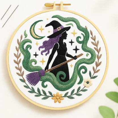 Witch Embroidery Kit -  Halloween Hand Embroidery with Hoop, Friendly DIY Needlework, Crescent Moon and Stars Design