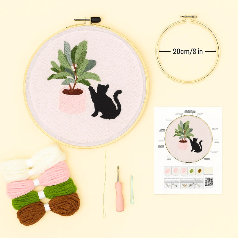 Illustrated stitch guide sheet with full step-by-step instructions
Complete thread bundle
A square of cotton fabric featuring the pattern
1 embroidery hoop(20 cm diameter)
Punch needle: A special needle with a hollow shaft and a tip that can accommodate embroidery floss or yarn.
