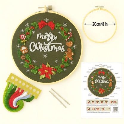 Illustrated stitch guide sheet with full step-by-step instructions
Complete thread bundle
A square of cotton fabric featuring the pattern
1 Plastic embroidery hoop(20 cm diameter)
2 Embroidery needles