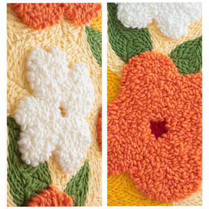 Two textured fabric samples with floral patterns in orange, white, and green.