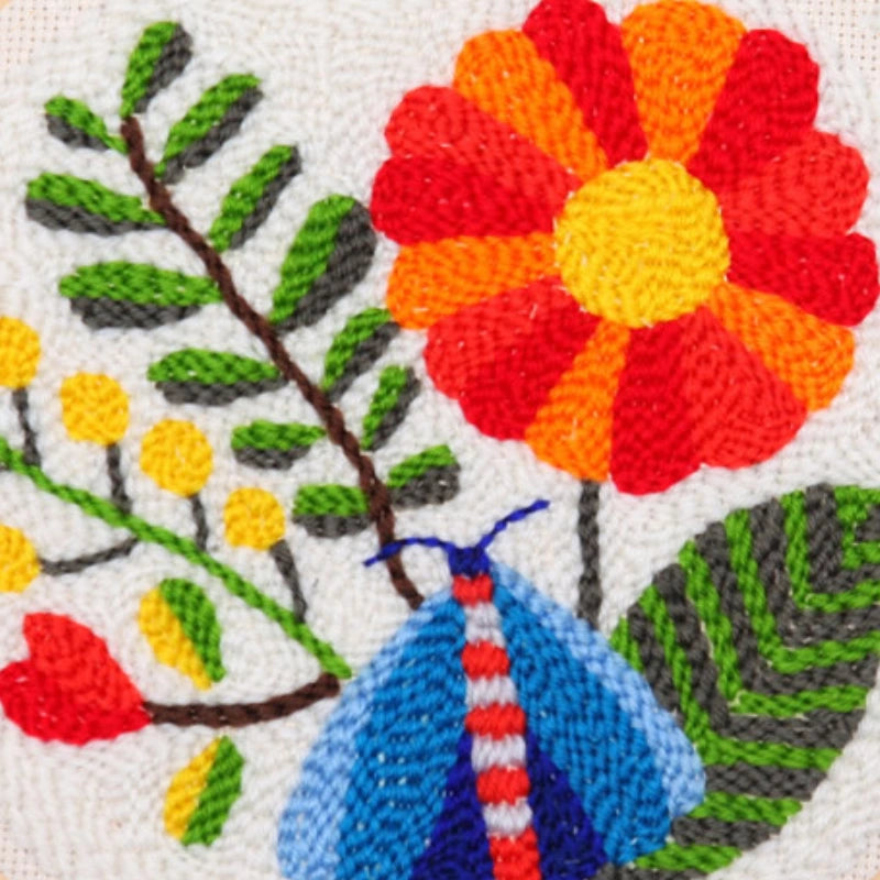 Colorful floral and feather design on a textured fabric background