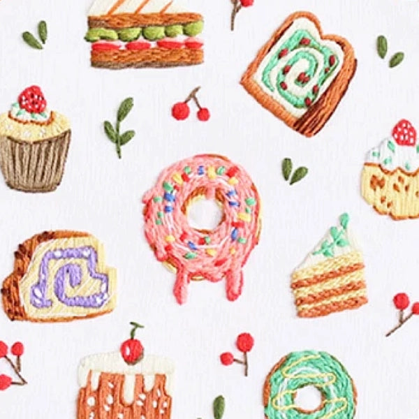 Illustrations of various pastries and desserts on a white background