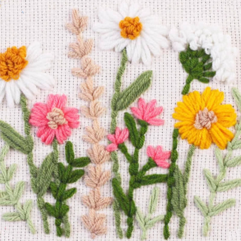 Embroidered design of flowers on a white background