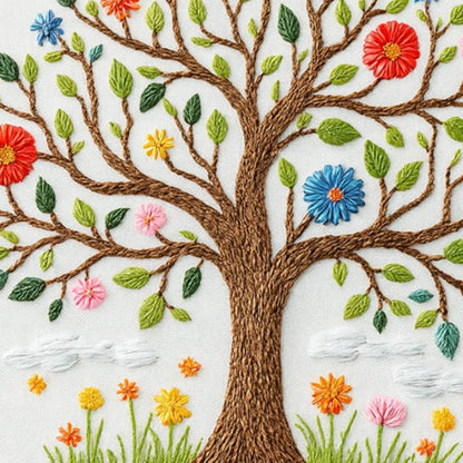 The brown trunk and branches are richly textured, while the flowers in shades of red, yellow, pink, and blue add a lively, cheerful touch.