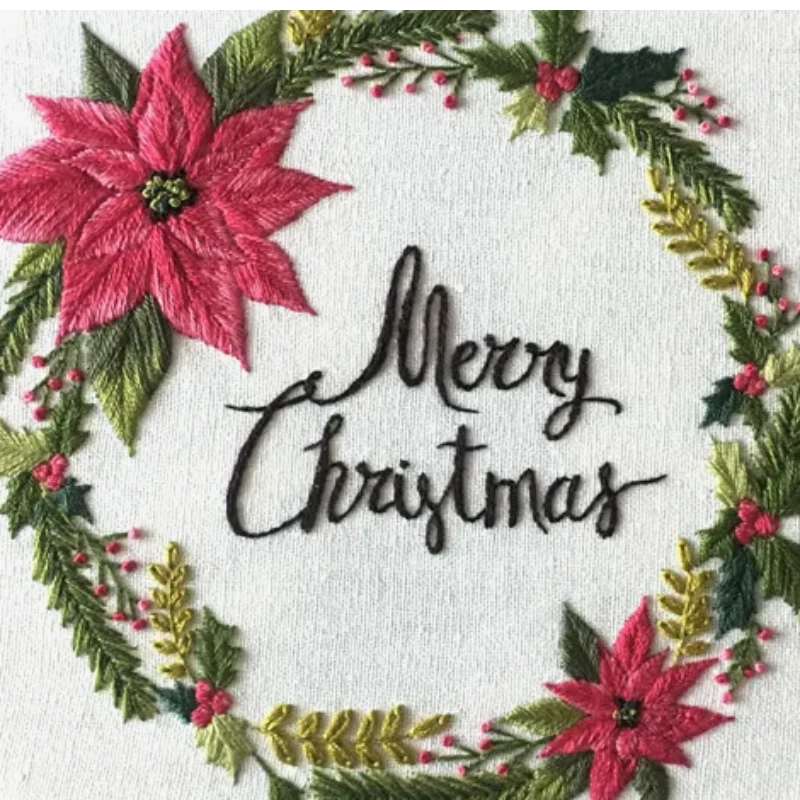Embroidered design with 'Merry Christmas' text surrounded by poinsettias and holly leaves on a white background.