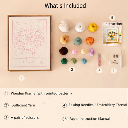 Craft kit components including a wooden frame with printed pattern, yarn, scissors, sewing needles, and a paper instruction manual on a beige background.