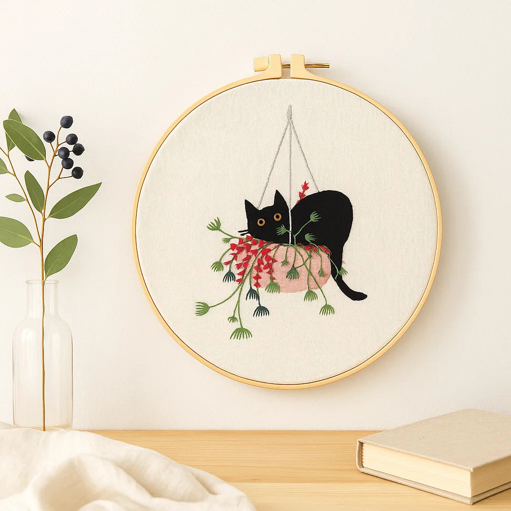 Embroidery hoop with a black cat design hanging from plants on a light background