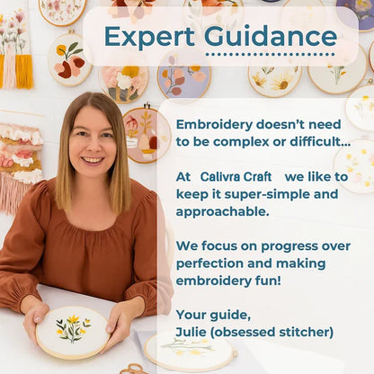 Woman holding an embroidery hoop with text about Calivra Craft's approach to embroidery.