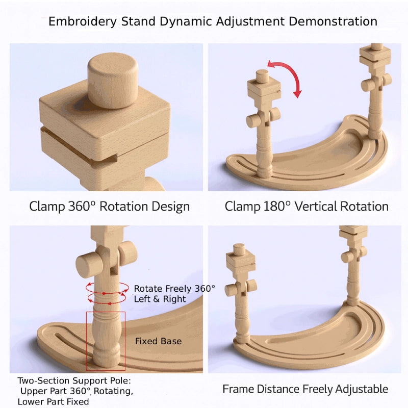 Wooden embroidery stand with dynamic adjustment features on a white background