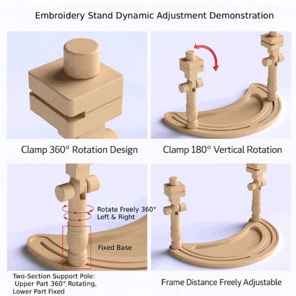 Wooden embroidery stand with dynamic adjustment features on a white background