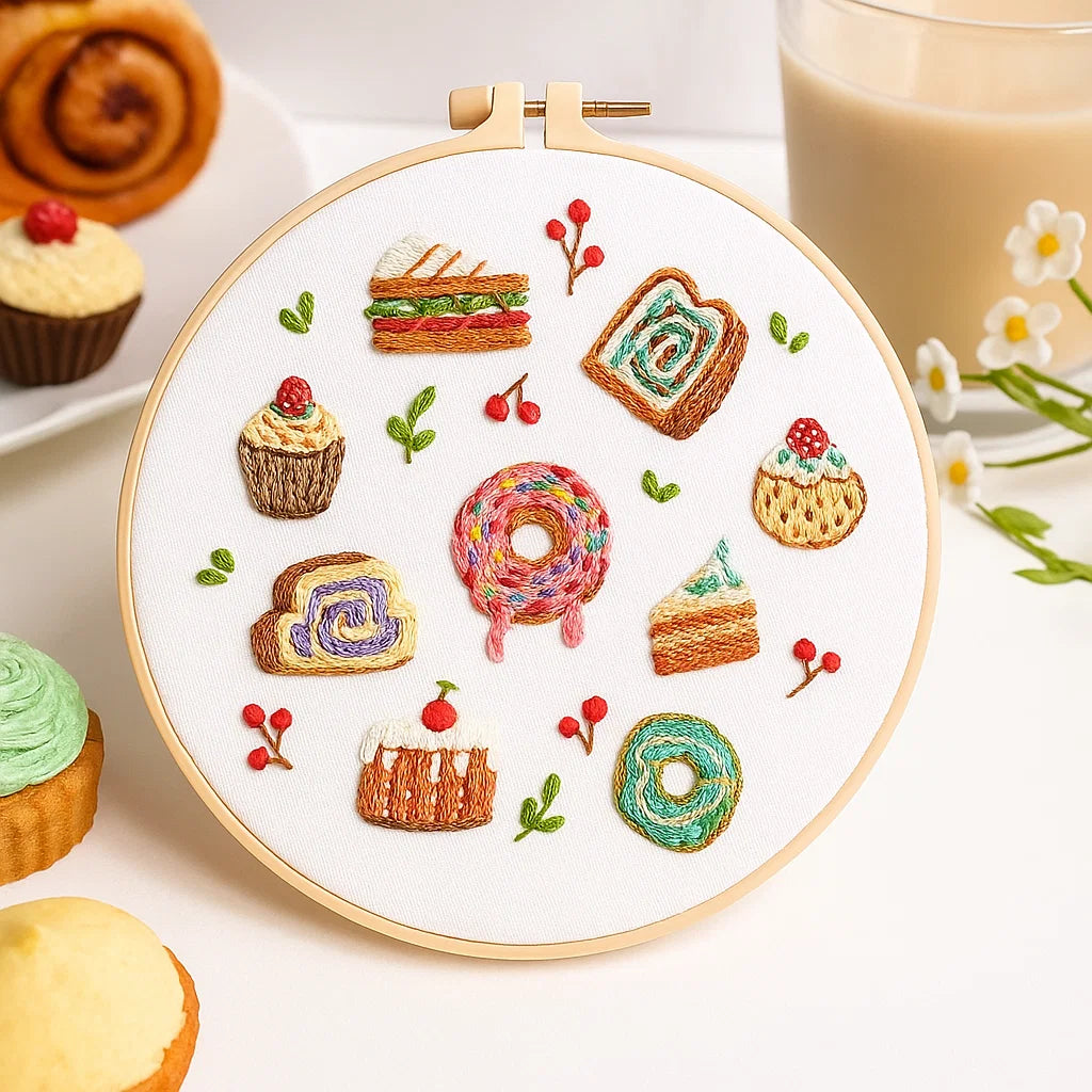 Embroidery hoop with colorful embroidered pastries on a white surface with a cup of coffee and flowers.