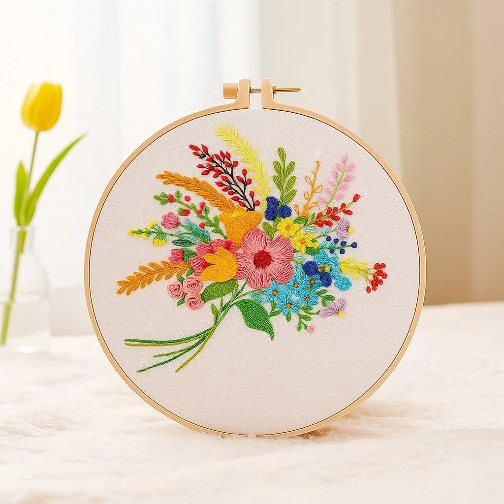 Embroidery hoop with colorful floral design on a white background