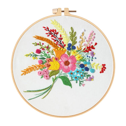 Embroidery hoop with colorful floral design on a white background