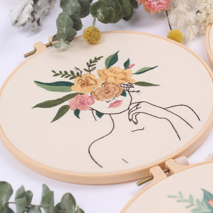 Embroidery hoop with floral design on a white background