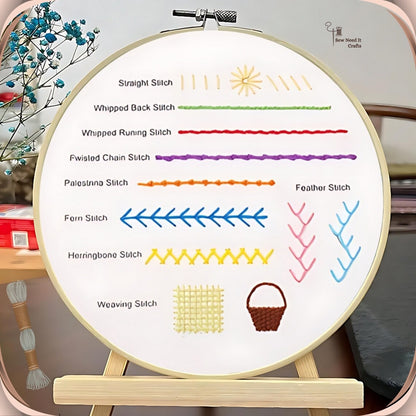 Embroidery hoop with stitch guide on a wooden stand
