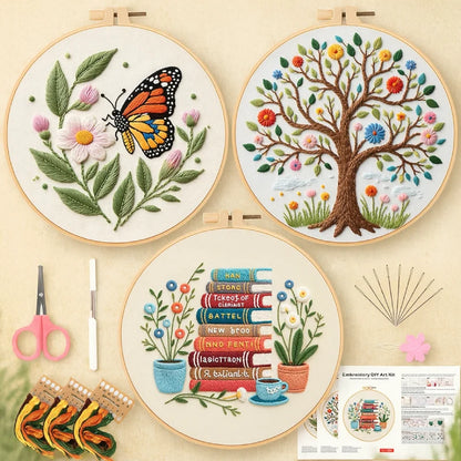 Featuring three elegant designs — a butterfly resting on flowers, a blooming tree, and a charming bookshelf with plants — each piece adds a touch of artistry and calm to your everyday space.