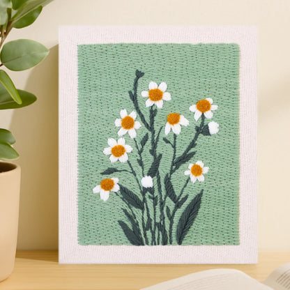 This artwork features delicate white daisies blooming against a soft green background, with warm yellow-orange centers and deep green leaves creating a fresh, natural, and lively look.