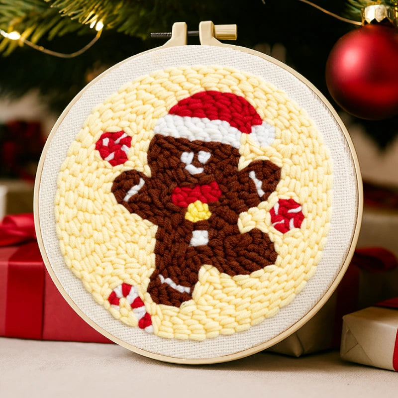 A cheerful gingerbread man wearing a Santa hat, surrounded by candy, bringing a sweet touch of Christmas fun.