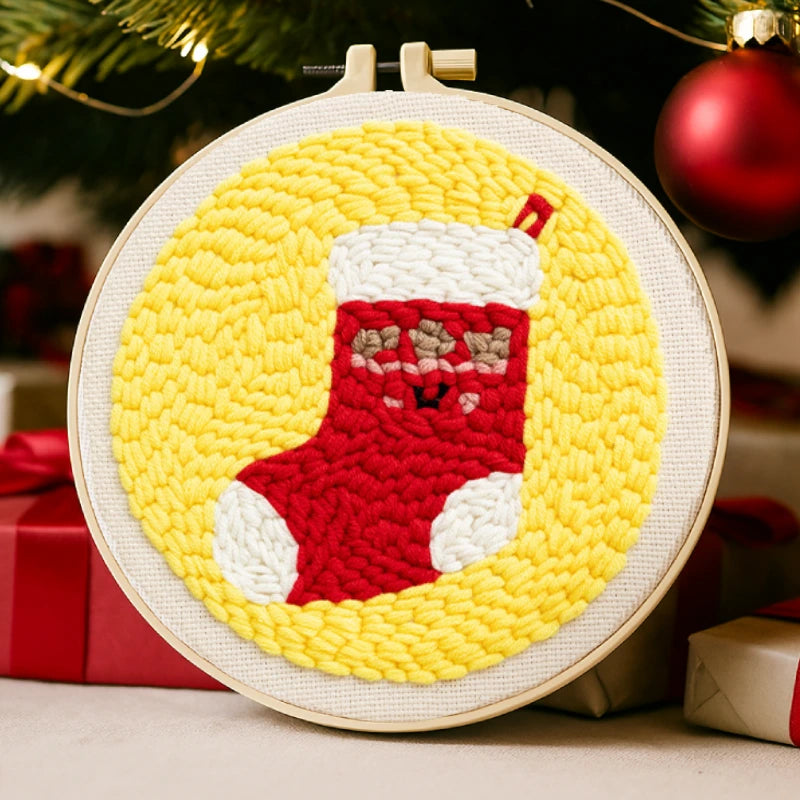 A red Christmas stocking with white trim on a bright yellow background, filled with the warmth and excitement of holiday surprises.