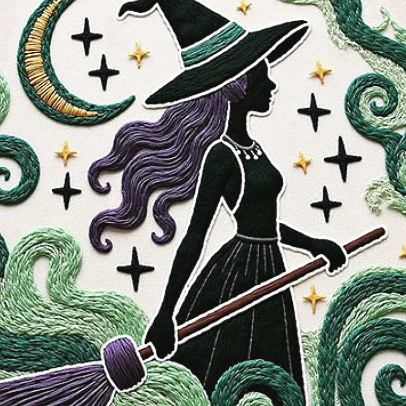Embroidered design of a witch with a broom, surrounded by stars and a moon.