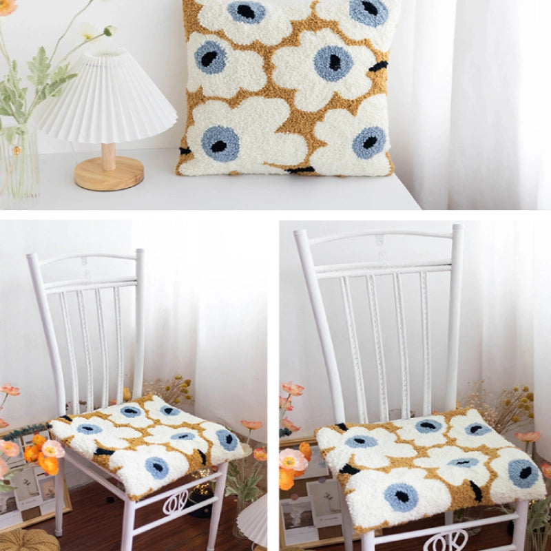 Floral-patterned cushion on a chair with a white background