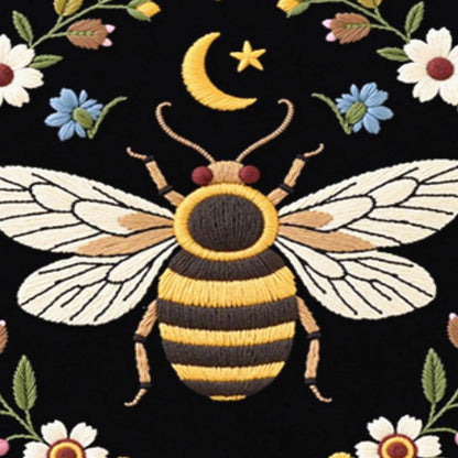 A golden bee rests beneath a crescent moon, surrounded by blooming wildflowers that glow softly against the dark background.