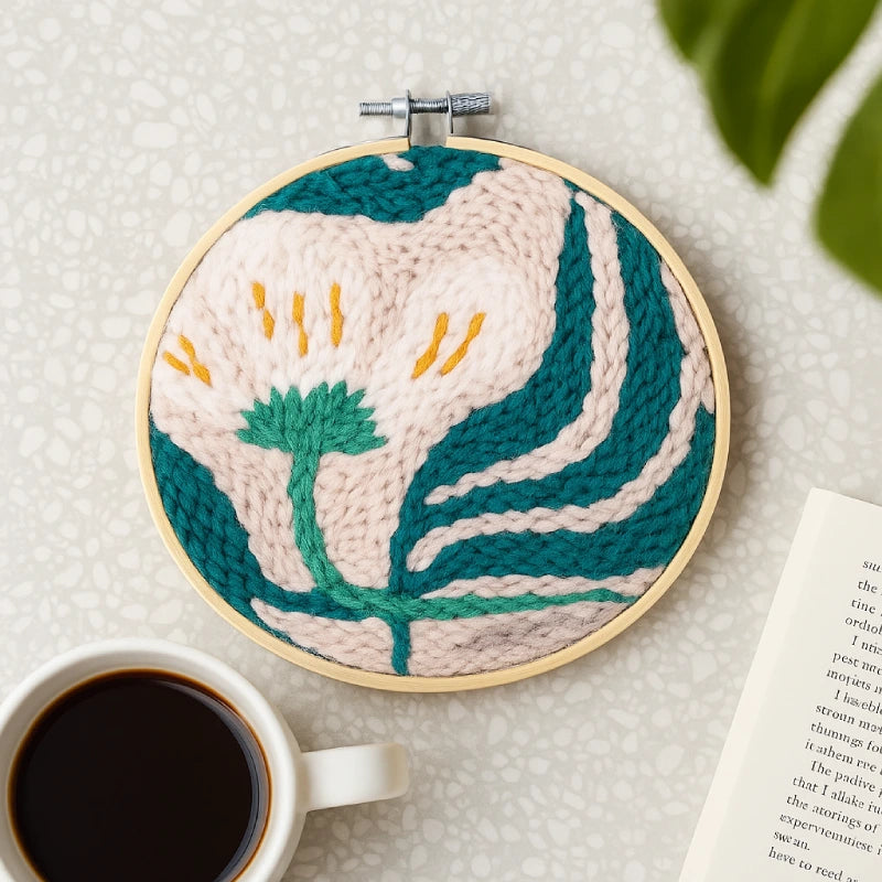 Embroidery hoop with floral design on a textured surface with a cup of coffee and book.