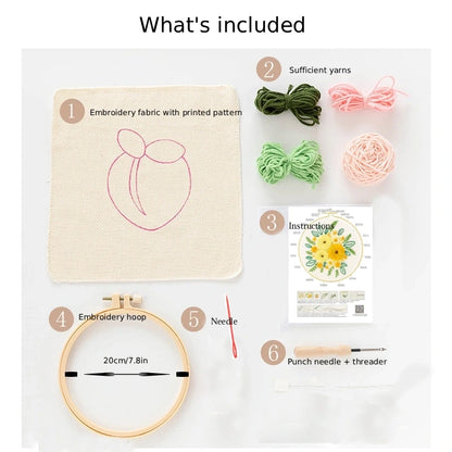 Punch Needlekit with fabric, yarns, hoop, needle, and instructions on a white background