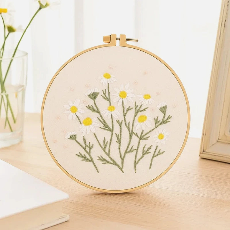 This embroidery piece, titled Pure Daisies, captures the simple elegance of blooming daisies. The soft white petals and bright yellow centers evoke a sense of purity and optimism, while the light green stems add a natural, refreshing touch. Its minimalist composition brings a calm and airy feeling, perfect for brightening up any space.