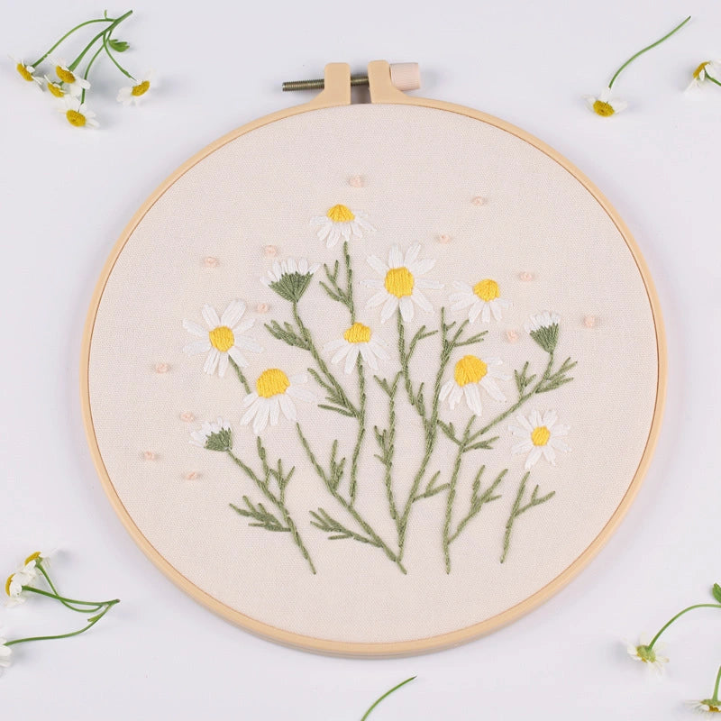 This embroidery piece, titled Pure Daisies, captures the simple elegance of blooming daisies. The soft white petals and bright yellow centers evoke a sense of purity and optimism, while the light green stems add a natural, refreshing touch. Its minimalist composition brings a calm and airy feeling, perfect for brightening up any space.