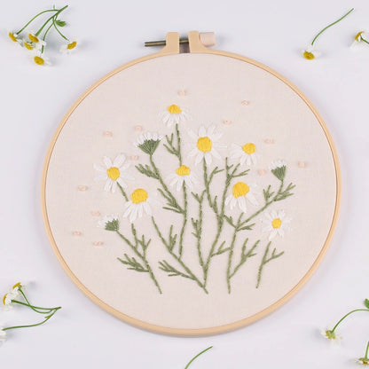 This embroidery piece, titled Pure Daisies, captures the simple elegance of blooming daisies. The soft white petals and bright yellow centers evoke a sense of purity and optimism, while the light green stems add a natural, refreshing touch. Its minimalist composition brings a calm and airy feeling, perfect for brightening up any space.