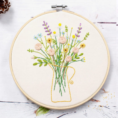 Embroidery Kit features a soft and refreshing colour palette of blush pink, pale yellow, sky blue, and lavender — reminiscent of morning sunlight over fresh blossoms. The simple bouquet design is elegant yet easy to stitch, making it perfect for beginners.