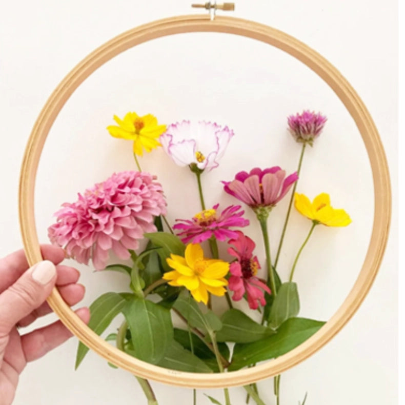 Hand holding a wooden embroidery hoop with colorful flowers on a white background