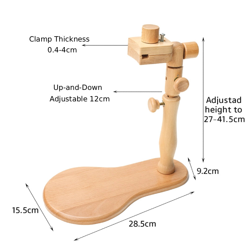 Wooden clamp with dimensions labeled on a white background