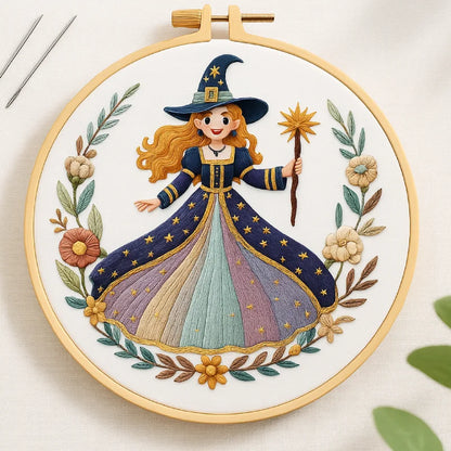 Bring a touch of magic to your embroidery journey with The Starry Witch. Dressed in a starlit gown with shimmering threads, she holds a glowing wand that lights up the night sky. This embroidery kit is perfect for beginners and dreamers who love a little sparkle in their craft.