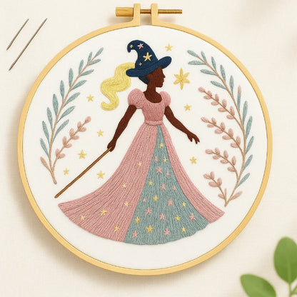 Step into a world of gentle magic with The Twilight Enchantress. Dressed in a flowing gown of soft pink and blue, she shines under the stars with grace and mystery. This embroidery kit is perfect for those who love elegant, dreamy designs full of warmth and imagination.