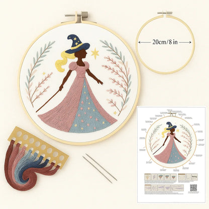 Everything you need to create your own magical embroidery artwork!
This complete embroidery kit includes:

🪡 1 Embroidery Hoop (20cm / 8in) – sturdy and easy to tighten.

🎨 Pre-sorted Color Threads & 2 Needles – high-quality cotton threads with smooth texture and rich colors.

🧵 Pre-printed Fabric – pattern printed with washable ink that disappears after rinsing with water.

📖 English Instruction Booklet – step-by-step guide with clear diagrams for beginners and hobbyists.

Perfect for relaxing craft ti