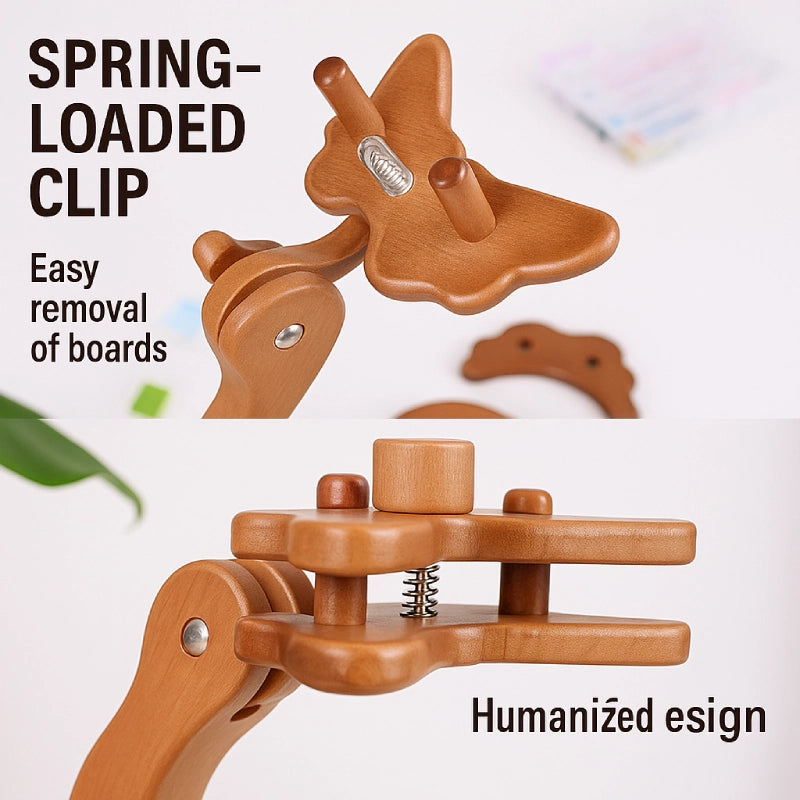 Wooden spring-loaded clip with text on a white background