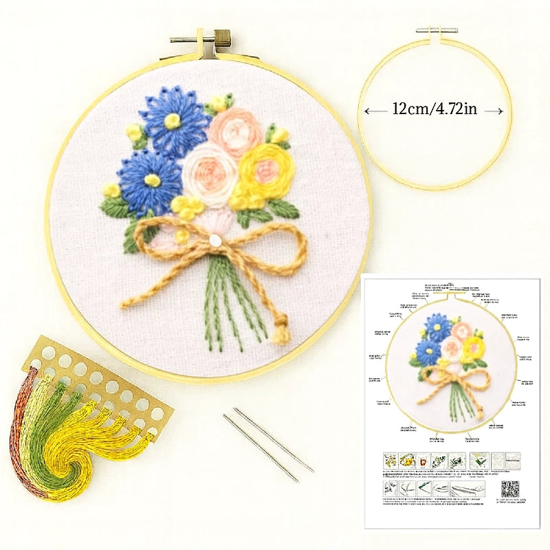 What's Included:

Illustrated stitch guide sheet with full step-by-step instructions
Complete thread bundle
A square of cotton fabric featuring the pattern
1 Plastic embroidery hoop(12 cm diameter)
2 Embroidery needles
1 Blank Compact Mirror Base for Embroidery

One tube of glue