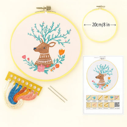 

Illustrated stitch guide sheet with full step-by-step instructions
Complete thread bundle
A square of cotton fabric featuring the pattern
1 Plastic embroidery hoop(20 cm diameter)
2 Embroidery needles