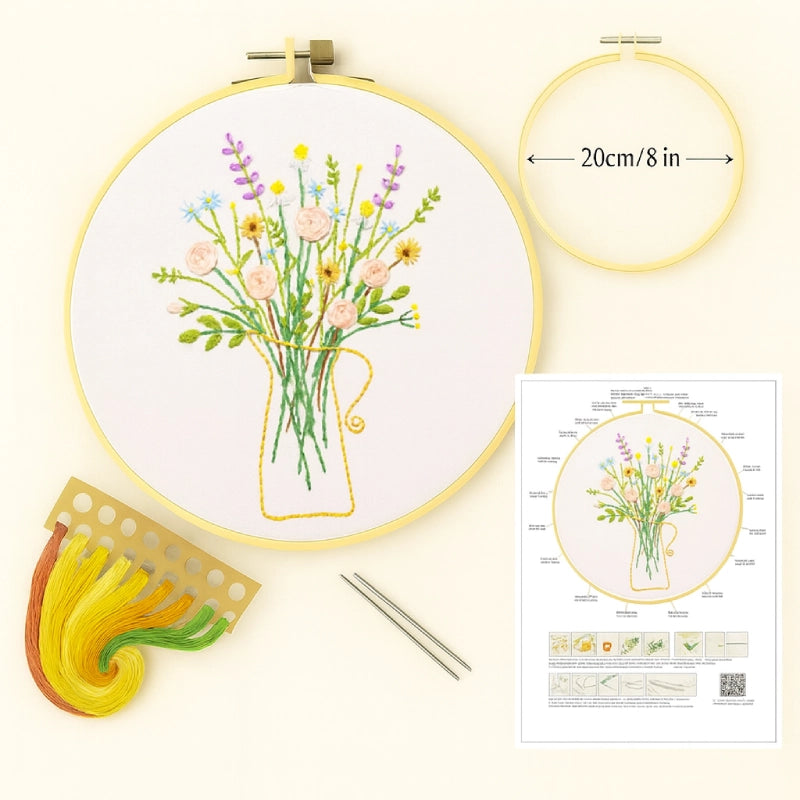 Illustrated stitch guide sheet with full step-by-step instructions
Complete thread bundle
A square of cotton fabric featuring the pattern
1 embroidery hoop(20 cm diameter)
2 Embroidery needles